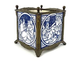 John Moyr Smith for Minton, a Bible series tile jardiniere, circa 1885, brass cuboid form stand