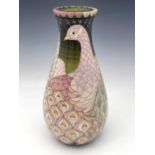 Sally Tuffin for Dennis Chinaworks, Pink Peacock bottle vase and cover, teadrop form, 31cm high