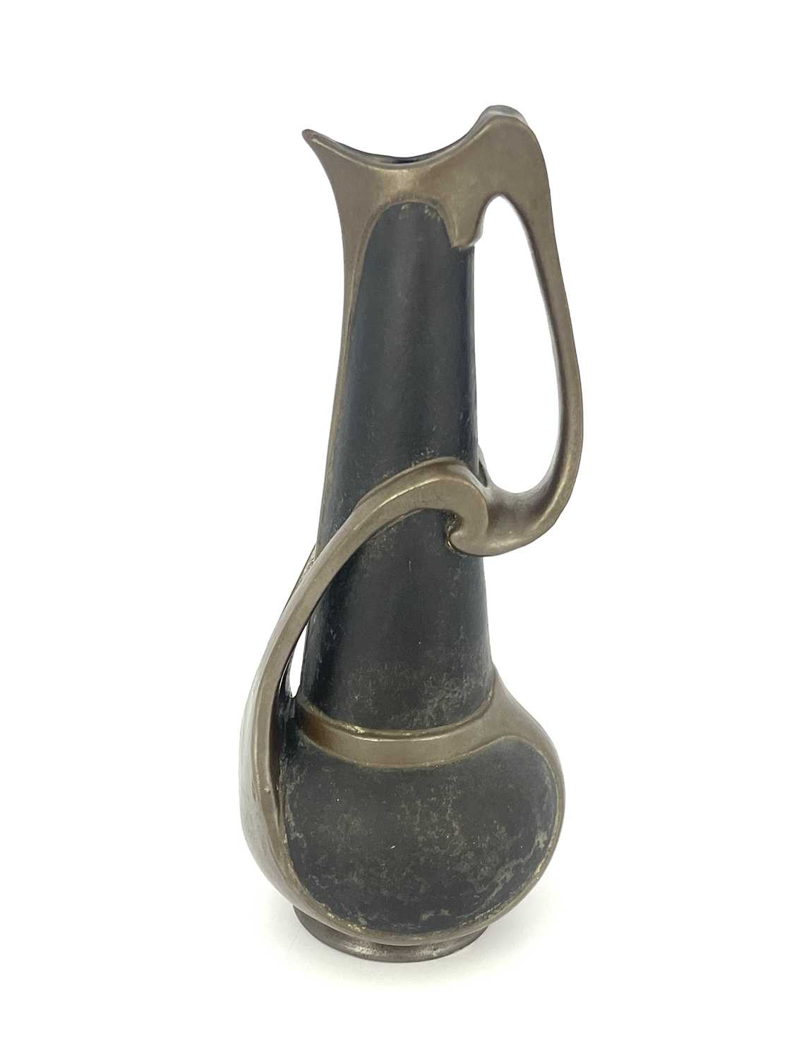 A Bretby Arts and Crafts metallic strap jug, globe and cone form with tendril strap handle, in the - Image 2 of 7