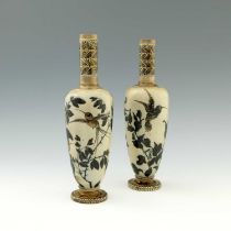 Edwin Martin for Martin Brothers, a pair of humming bird and wildflower vases, 1884, footed and