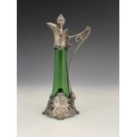 WMF, a Jugendstil silver plated and green glass liqueur decanter, of claret jug form, tapered
