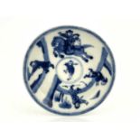 A Chinese blue and white saucer, probably Kangxi, painted with eloping bride and other figures, 10.