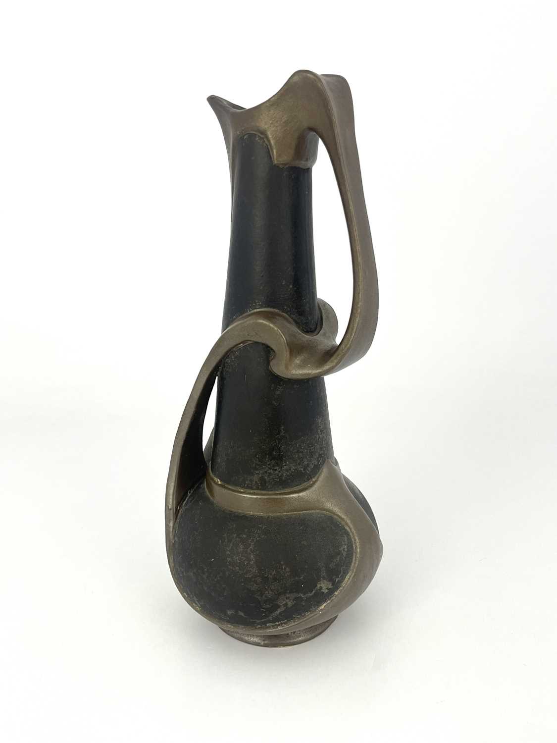 A Bretby Arts and Crafts metallic strap jug, globe and cone form with tendril strap handle, in the - Image 3 of 7
