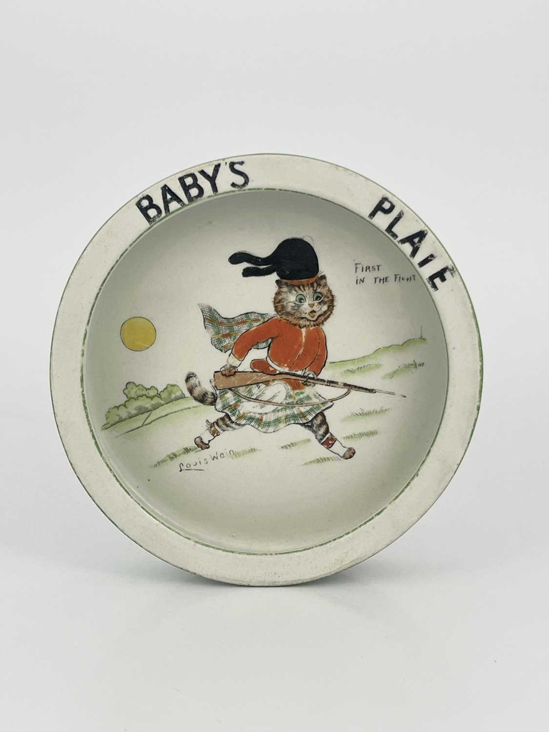 Louis Wain for Paragon, a circular baby's plate, 'First in the Fight', 17.,5cm diameter, black - Image 2 of 4