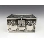 A Jugendstil silver plated jewellery casket, circa 1900, cuboid form, cast in relief with arcaded