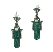 A pair of Art Deco marcasite and malachite earrings, stepped drop form with triangular studs, 4.