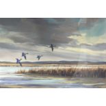 Winston Megoran FRSA (1913-1971), Ducks in Flight, signed l.r., watercolour, 28 by 41cm, framed
