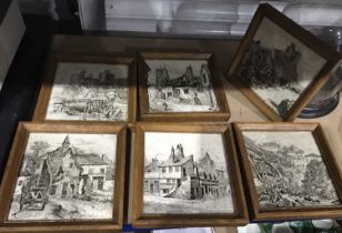 A set of six Mintons sepia transfer printed tiles, rustic scenes, late 19th Century, 15 by 15cm,