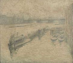 Charles Robinson Sykes (British, 1875-1950), Barges on the Thames, signed l.l., oil on board, 34.5