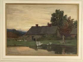 Louisa Margaret Watts (British, fl.1880-1914), 'Cottage by a Pond', signed l.r., titled verso,