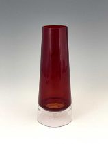 A Scandinavian red glass hurricane lamp, probably Holmegaard circa 1960s, the conical chimney on a