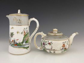 A Royal Worcester Oriental teapot and coffee pot with covers, decorated with figures and pagodas,