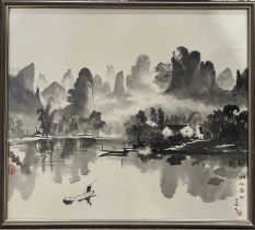 Chinese School, 20th Century, a mountainous river landscape, signed and titled, ink and wash, 57