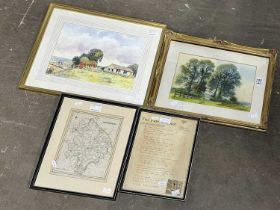 Assorted pictures, including a John David landscape watercolour dated 1988, an antique map of