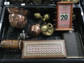 A mahogany desk calendar, A Keswick style copper jardiniere, an ASR Chromed table lighter, sundry