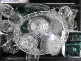 A collection of glassware including a pair of cut glass decanters, Coloured glass flask, Edwardian