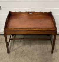 A traditional mahogany butler tray top coffee table, detachable top, block legs, stretcher, 83cm