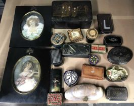 A collection of antique snuff boxes and other curiosities, including a Georgian oval tortoiseshell