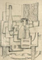 John Edwards (British, 1938-2009), cubist still life of bottle, jug etc, pencil on paper, 68 by