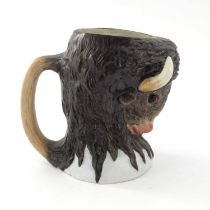Ernst Bohne (&Sohne) bisque porcelain character stein, circa 1900, modelled as a Bison with brown
