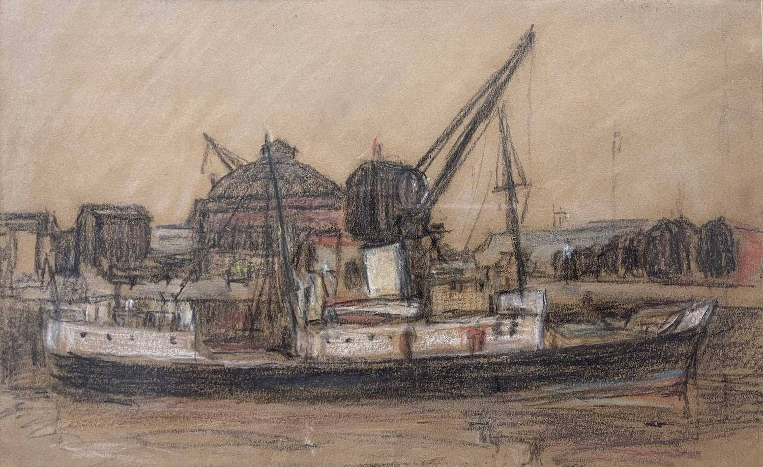 William Frederick Timmins (American, 1915-1985), 'Steamer on the Clyde', titled verso, pastel, 18 by