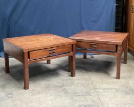 A pair of mid century style coffee tables, each fitted one drawer, on block supports. W: 64 cm D: 63