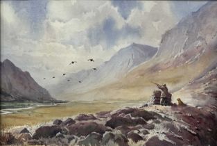 Watercolour, highland game shooting and mountain landscape, together with a pair of botanical