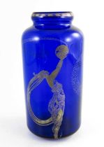 A Franklin Mint Fireflies by Erte glass vase, 1988, blue with gilt decoration, cylindrical form,