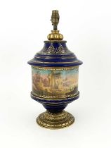 A Paris porcelain table lamp base, late 19th Century, of cylinder form with a stepped conical top