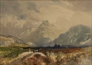 Johan Acton Butt (British, ?-1891), a mountainous landscape with figures crossing a stone bridge