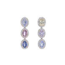 A pair of 18ct gold sapphire and diamond cluster drop earrings
