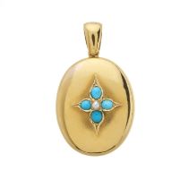 A late Victorian 18ct gold turquoise and pearl locket pendant