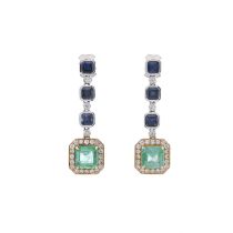 A pair of 18ct gold emerald, diamond and sapphire drop earrings