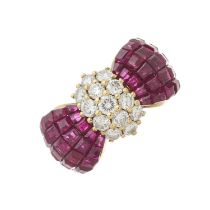 An 18ct gold ruby and diamond bow ring