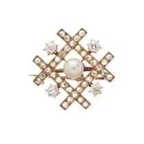 A 19th century gold, pearl and diamond geometric pendant brooch