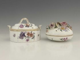 A Meissen style circular box and cover, late 19th Century, florally encrusted and twig handle,