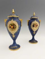 Edward Townsend et al for Royal Worcester, a pair of fruit painted vases and covers, circa 1938,