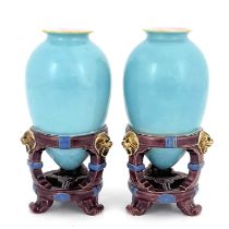 Christopher Dresser for Minton, a pair of Aesthetic Movement majolica vases, 1862, amphora form in