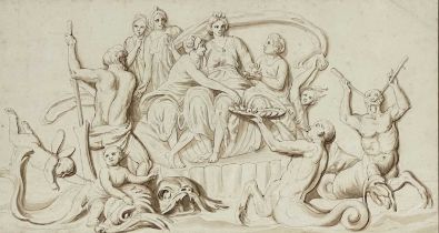 After Francesco Bartolozzi, A Feast - Maidens, Fauns. Cherubs, ink and wash, 19 by 36cm, framed