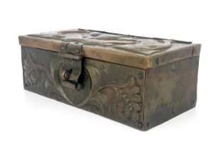John Pearson, an Arts and Crafts repousse copper box, 1907, cuboid form, the lid embossed with