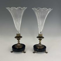 A pair of French and Bohemian tricolour gilt metal, marble and glass vases, circa 1860, the slice