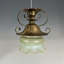 An Arts and Crafts brass and opalescent glass ceiling light, in the style of A S Dixon for the