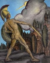 British School, Jason Versus the Spartoi, an Art Deco style male nude warrior standing before the