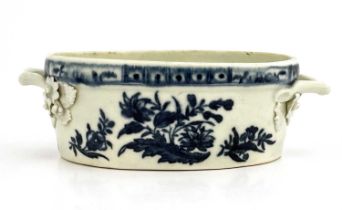 A Worcester blue and white twin handled butter dish, circa 1770, crescent mark, decorated in the