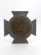 A WWI British bronze death plaque, with bronze wall display cross, Frank Broadhurst Pte 350841