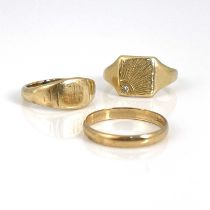 Three 9 carat gold rings, including wedding band and diamond set signet ring, sizes M, R and S, 11.