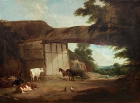 British School, 19th Century, a pastoral scene - farmyard with horses, cattle and chickens, figure