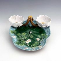 A Minton majolica strawberry dish, 1873, relief moulded trefoil form, basket weave and strawberry