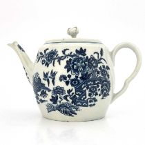 A Worcester blue and white teapot, crescent mark, circa 1770, transfer printed in the Fence pattern,