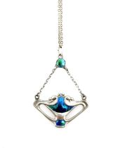 Charles Horner, an Arts and Crafts silver and enamelled pendant, Chester 1909, the open whiplash